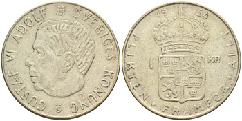 Швеция 1 крона 1954 TS, Густав VI Адольф (1950-1973) KM 826 серебро 3851-956