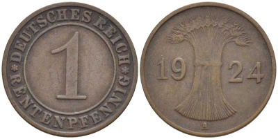 Германия 1 рентенпфенниг 1924 A KM 30, J. 306, Weege 1 бронза 206-231