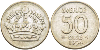 Швеция 50 эре 1954 TS, Густав VI Адольф (1950-1973) KM 825 серебро 119-1055