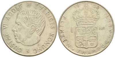 Швеция 1 крона 1954 TS, Густав VI Адольф (1950-1973) KM 826 серебро 3851-956