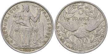 Французская Новая Каледония 5 франков 1989 птица кагу, (IEOM) KM 16, Schoen 12, Lec 77 алюминий 180-1045