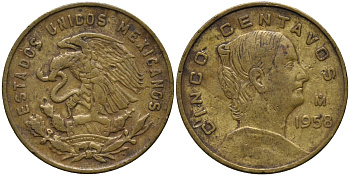 Мексика 5 сентаво 1958 Мо, Жозефа Ортис де Домингес KM 426 латунь 4576-1211
