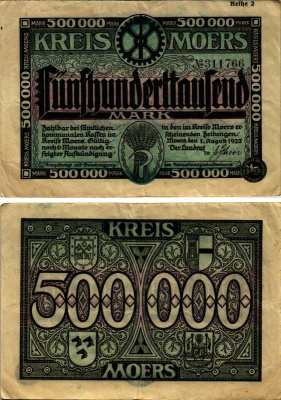 КРЕЙС МЁРС, ГЕРМАНИЯ 500000 МАРОК 1923 НОТГЕЛЬД, ЗЕМЛЯ СЕВЕРНЫЙ РЕЙН-ВЕСТФАЛИЯ, 1 АВГУСТА 1923, Reihe 2 ARNOLD KELLER 3593g бумага 7487-54-1-1
