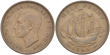 Великобритания 1/2 пенни 1945 Георг VI (1936-1952) KM 844, Spink 4115 бронза    4603-1027