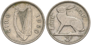 Ирландия 3 пенса 1950 заяц KM 12a медно-никель 4596-1063