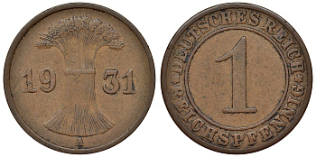 Германия 1 рейхспфенниг 1931 A KM 37, J. 313 бронза 4124-122