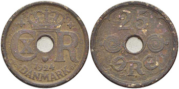 Дания 25 эре 1924 NCN; GJ Кристиан X (1912-1947) KM 823.1 медно-никель 212-946