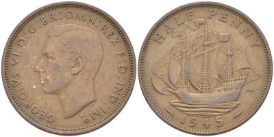 Великобритания 1/2 пенни 1945 Георг VI (1936-1952) KM 844, Spink 4115 бронза    4603-1027