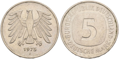 ФРГ 5 марок 1975 J, монетный двор Гамбург КМ 140.1, J. 415 медно-никель плакированный никелем 4117-635