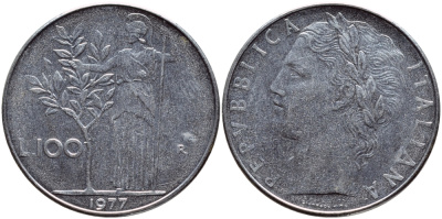 ИТАЛИЯ 100 ЛИР 1977 R , АФИНА KM 96.1 нержавеющая сталь 4394-616