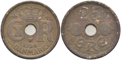 Дания 25 эре 1924 NCN; GJ Кристиан X (1912-1947) KM 823.1 медно-никель 212-946