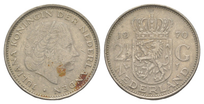 Нидерланды 2 1/2 гульдена 1970 Юлиана (1948-1980) KM 191 никель 4519-542