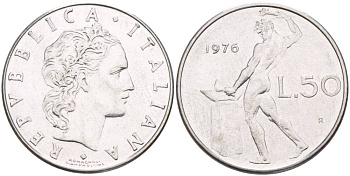 ИТАЛИЯ 50 ЛИР 1976 R, БОГ ОГНЯ ВУЛКАН У НАКОВАЛЬНИ KM 95.1 нержавеющая сталь 4525-331