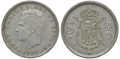 ИСПАНИЯ 5 ПЕСЕТ 1975 (76) ХУАН КАРЛОС I KM 807 медно-никель 72-1442