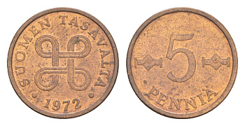 Финляндия 5 пенни 1972 KM 45 медь aUNC 4647-263