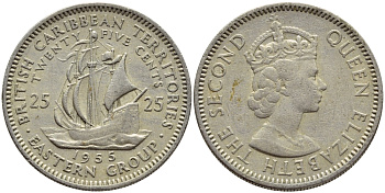 Британские Восточно-Карибские территории 25 центов 1955 Елизавета II (1952-2022), парусник KM 6 медно-никель 76-654