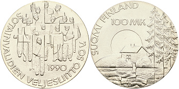 Финляндия 100 марок 1990 50 лет ассоциации ветеранов войны KM 67 серебро UNC 1066-4-32