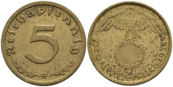 Германия 5 рейхспфеннигов 1938 G KM 91, J. 363 алюминиевая бронза 4151-867