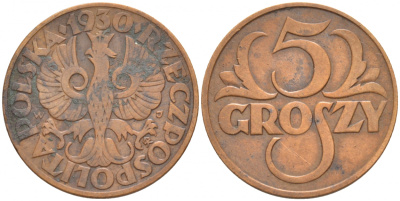 ПОЛЬША 5 ГРОШЕЙ 1930 w KM 10а бронза 100-762