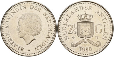 Нидерландские Антилы 2 1/2 гульдена 1980 Беатрикс (1980-2013) KM 19 никель UNC 4140-225