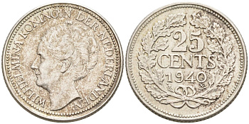 Нидерланды 25 центов 1940 Вильгельмина (1890-1948) KM 164 серебро 4576-752
