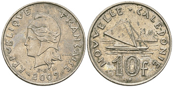 Французская Новая Каледония 10 франков 2009 рыбачья парусная лодка, (IEOM) KM 11a, Schoen 13a, Lec 99k медно-никель 61-1135