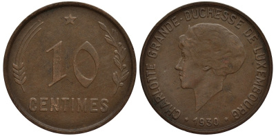 Люксембург 10 сантимов 1930 Шарлотта (1918-1964) KM 41 бронза 4538-731