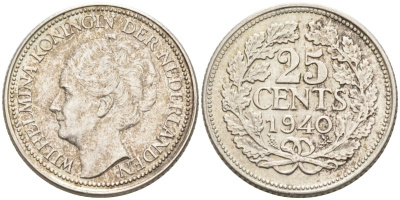 Нидерланды 25 центов 1940 Вильгельмина (1890-1948) KM 164 серебро 4576-752