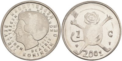 Нидерланды 1 гульден 2001 прощай гульден, детский рисунок, лев с флагом в руках KM 233 никель UNC 106-326