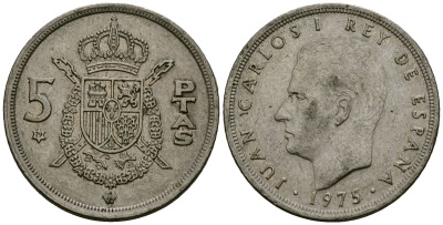 Испания 5 песет 1975 (79) Хуан Карлос I (1975-2014) KM 807 медно-никель 4138-1053