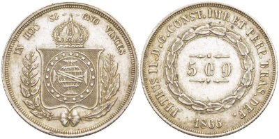 Бразилия 500 рейс 1866 Педро II (1831-1889) KM 464 серебро 272-1744