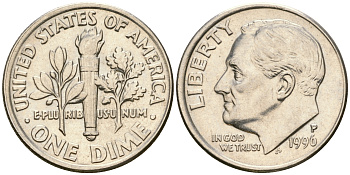 США 1 дайм - 10 центов 1996 P, Рузвельт KM 195а медь плакированная медно-никелем    4608-643