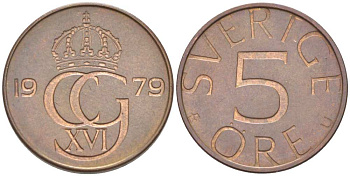 Швеция 5 эре 1979 U, Карл XVI Густав (1973- ) KM 849 бронза 4516-436