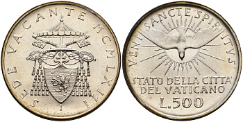 Ватикан 500 лир 1963 вакантный престол (Sede Wacante), оригинальном картонном буклете KM 75 серебро UNC 3-4-8-10