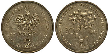 Польша 2 злотых 2012 MW, 20 лет благотворительному Рождественскому оркестру KM 809 нордик 111-613