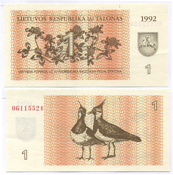 ЛИТВА 1 ТАЛОН 1992 ПТИЧКИ ЧИБИСЫ Pick 39, Сергеев 31 бумага UNC (ПРЕСС) 7148-21-2-2