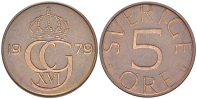 Швеция 5 эре 1979 U, Карл XVI Густав (1973- ) KM 849 бронза 4516-436