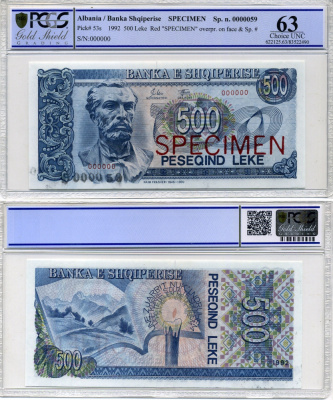 Албания 500 леков 1992 Наим Фрашери, Specimen. номер 000000, без серии, горизонтальная односторонняя надпечатка, в слабе PCGS 63 Choice UNC Pick 53 s бумага UNC (пресс) 452-1-41