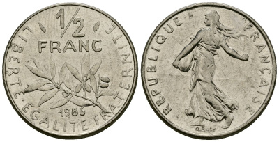 Франция 1/2 франка 1986 сеятель KM 931.1, Le Franc 198.25 никель 4138-242