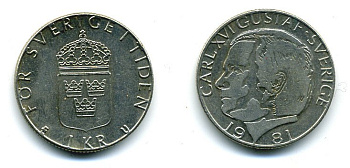Швеция 1 крона 1981 Карл XVI Густав (1973- ) KM 852 медь плакированная медно-никелем 37-831