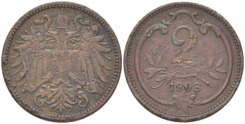 Австрия 2 геллера 1908 Франц Иосиф (1848-1916) KM 2801 бронза 4613-844