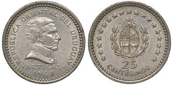 Уругвай 25 сентесимо 1960 KM 40 медно-никель 4169-962