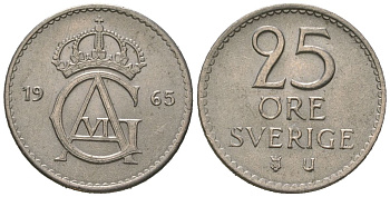 Швеция 25 эре 1965 U, Густав VI Адольф (1950-1973) KM 836 медно-никель aUNC 4621-331