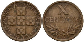 Португалия 10 сентаво 1958 KM 583 бронза 4154-1021
