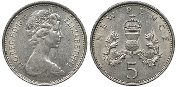Великобритания 5 пенсов 1970 Елизавета II (1952-2022) KM 911, Spink 4233 (D1) медно-никель 4122-951