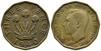 Великобритания 3 пенса 1940 Георг VI (1936-1952) KM 849, Spink 4112 никель латунь 51-922