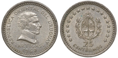 Уругвай 25 сентесимо 1960 KM 40 медно-никель 4169-962
