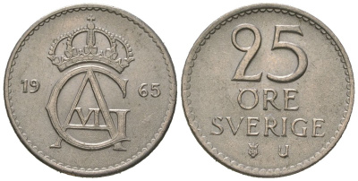 Швеция 25 эре 1965 U, Густав VI Адольф (1950-1973) KM 836 медно-никель aUNC 4621-331