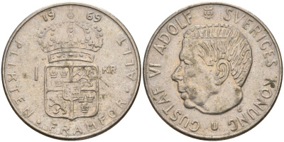 Швеция 1 крона 1969 U, Густав VI Адольф (1950-1973) KM 826a медь плакированный медно-никелем 4150-251