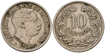 Люксембург 10 сантимов 1901 Адольф (1890-1905) KM 25 медно-никель 4602-448